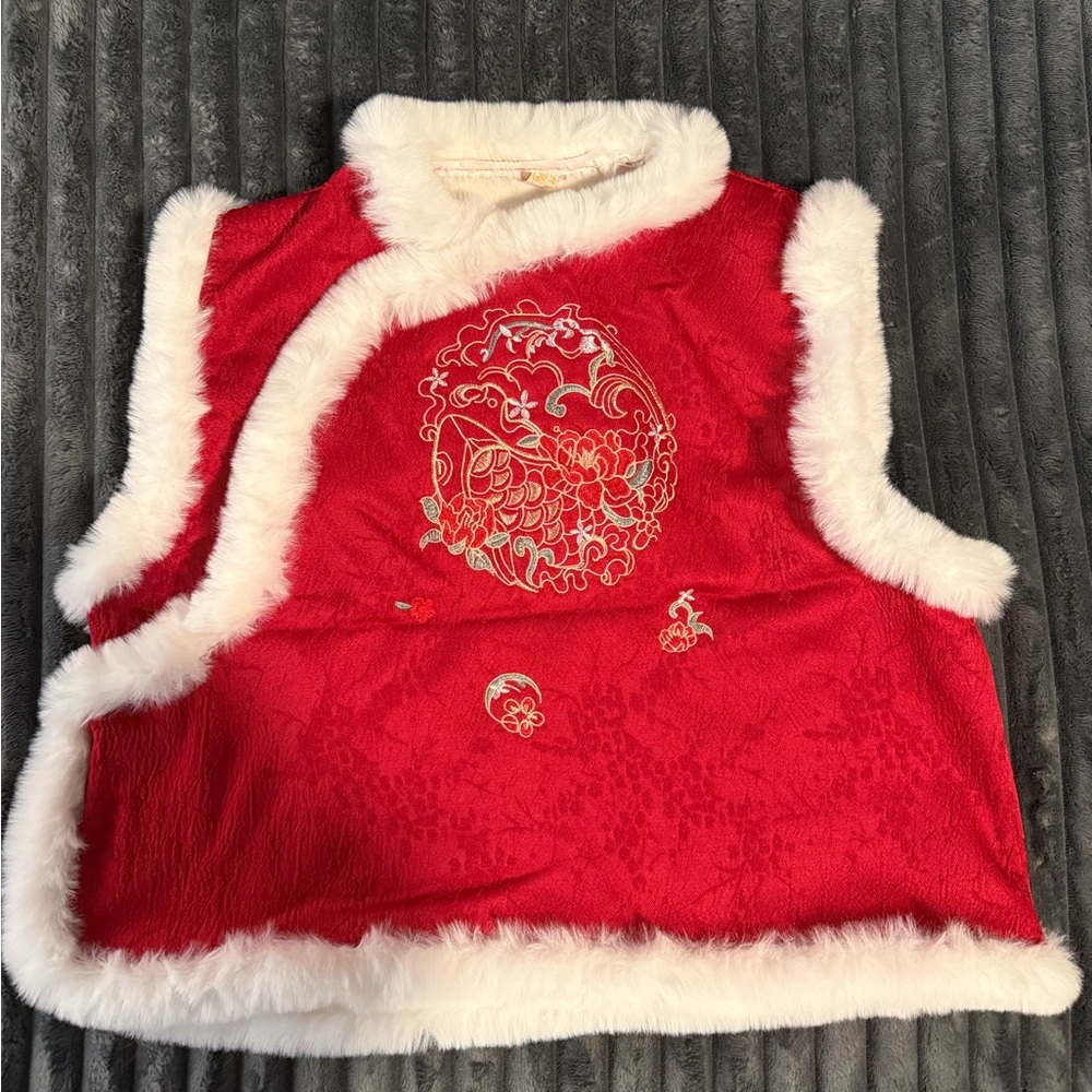 Red Traditional Vest with White Fur Trim